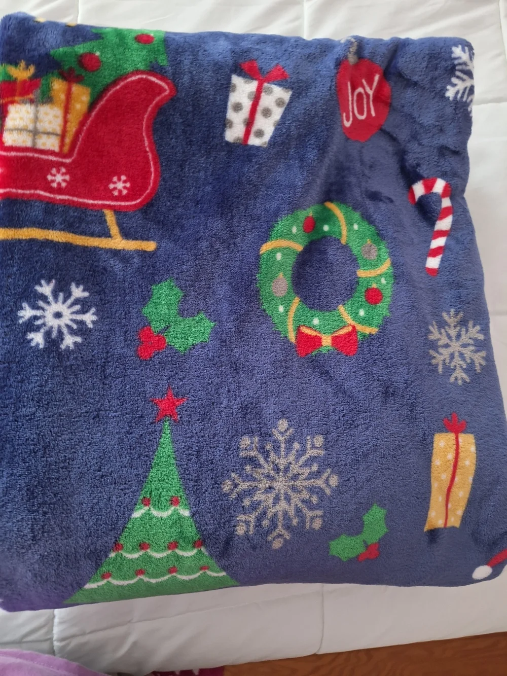 Christmas Santa & Reindeer Plush Throw Blanket - Navy Blue